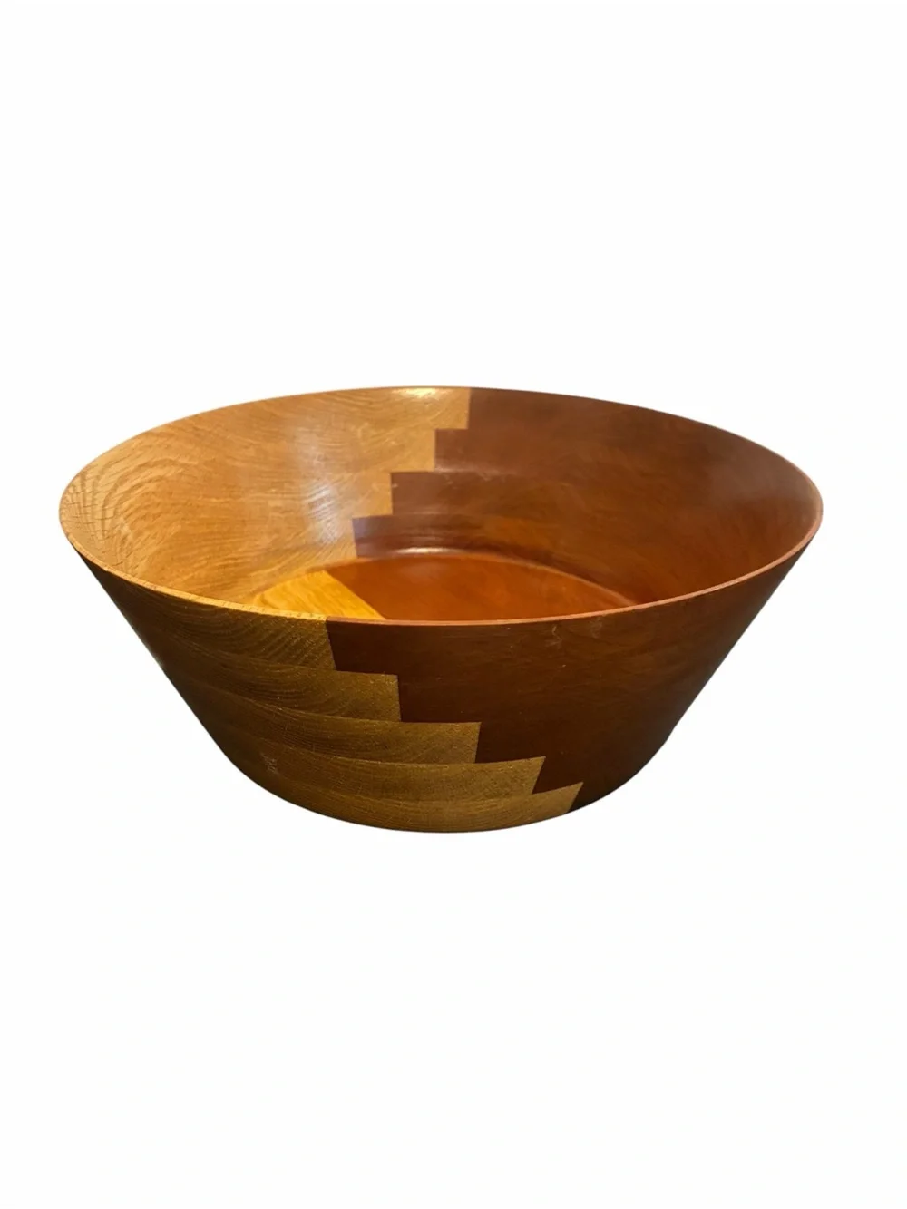 Artisan Two Tone Wooden Bowl Stepped Geometric Design Mid Century Modern Style